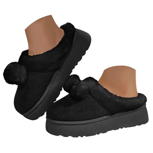Fuzzy Platform Slippers for Women Casual Winter House Slippers Cozy Shoes with Memory Foam Indoor Outdoor Bedroom Slip On Warm Fluffy Suede Comfortable Non-Slip Plush Cotton Slipper