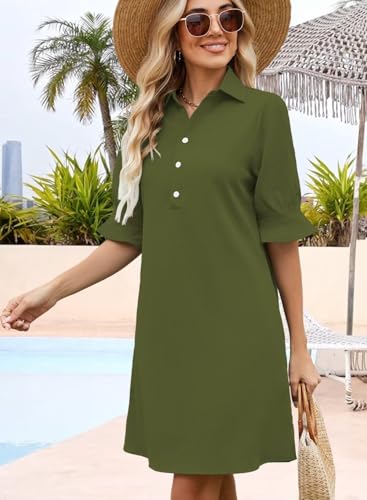 Image of Womens Summer Shirt Mini Dresses 2026 Beach | Flowy Shift Dress, Button V Neck, Polo Collar, Ruffle Short Sleeve, Floral Boho Style, Casual Vacation Outfits with Pockets