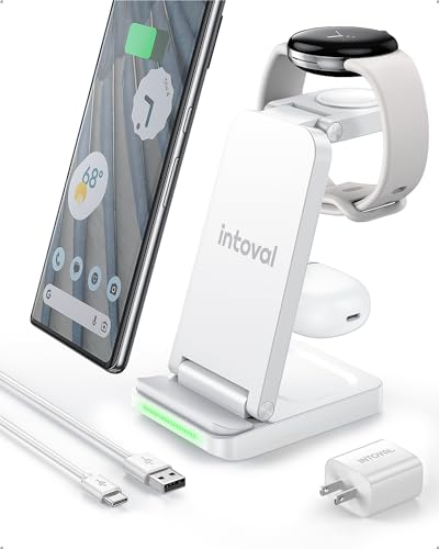 Intoval 3-in-1 Pixel Watch 1 Charger, Portable Wireless Charging Station for Google Pixel Watch 1, Pixel 8/8 Pro, Folding Charging Stand for Google Pixel Watch 1 gen (G3, White)