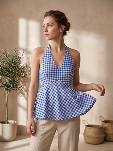Image of Women's Gingham Halter Neck Peplum Top, Sleeveless, Casual Summer Blouse