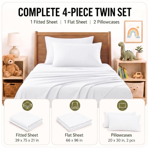 Image of CozyLux 4-Piece Twin Sheets Set, Fits 18-21 Inch Mattresses, Oeko-TEX | 2 Pillowcases, 1 Flat Sheet and 1 Fitted Sheet with All-Around Elastic and 21-Inch Deep Pocket for a Secure Fit, White