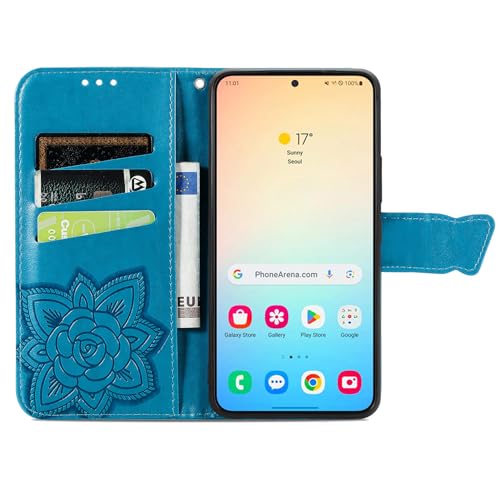 HAOTP for Samsung Galaxy S25 Edge Phone Case Wallet,Women Flip Folio Cover Credit Card Holders Emboss Butterfly Flower PU Leather Purse Wrist Strap Kickstand Case for Samsung Galaxy S25 Edge Blue - image 3