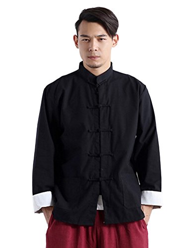 Idopy Men`s Chinese Traditional Linen Cotton Tai Chi Kung Fu Mandarin Collar Frog-Button Shirt