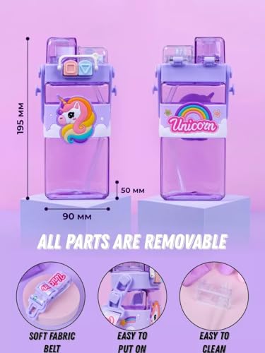Image of Water Bottle Anti-Leak Kids Unicorn School Water Bottle, 520 ML BPA Free, Cute Rainbow Design Dual Cap With Straw, Strap & Carry Handle (Purple)