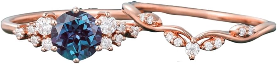 1.0 ct Round Cut Gemstone Engagement Ring For Women 2 pcs Unique Art Deco Curved Wedding Ring Set 10K 14K 18K Gold Nature Inspired Ring Wedding Anniversary Ring Set