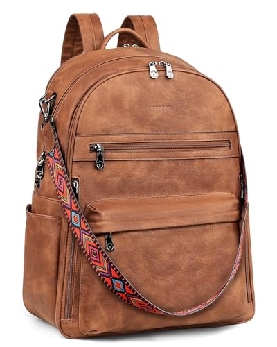 FADEON 15.6 inch Laptop Backpack Purse for Women Designer PU Leather Computer Backpacks Fashion for Work Travel Brown