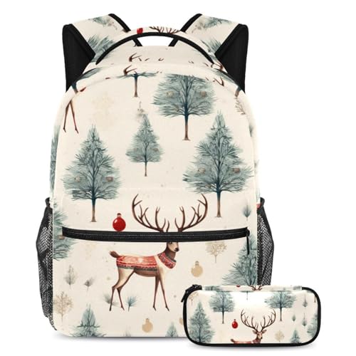 Zaino natalizio con alce e astuccio set per la scuola per ragazzi e ragazze Multicolore06 B:29.4x20x40cm P:19x7.5x3.8cm Zaini Daypack
