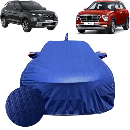 Image of Car Cover Compatible For Hyundai Creta (2020-2026)| 100% Waterproof Cover with Antenna & REFLECTIVE Mirror Pockets | Dustproof, Scratchproof, Heatproof Creta Car Cover|Soft Cotton Lining|BLUE
