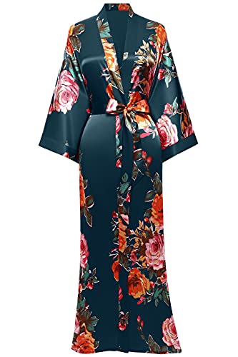 BABEYOND Kimono para mujer, kimono de satén, cárdigan largo estampado, estilo chino japonés para ropa de noche, fiesta, boda, fiesta de pijama, Verde Oscuro, talla única