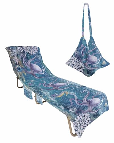 Coastal Octopus Beach Chair Towel Covers for Chaise Lounge with Side Pocket, Soft Plush Pool Towels Cover for Patio Sunbathing Outdoor Ocean Starfish Retro Nautical Maps Blue 29''x85''