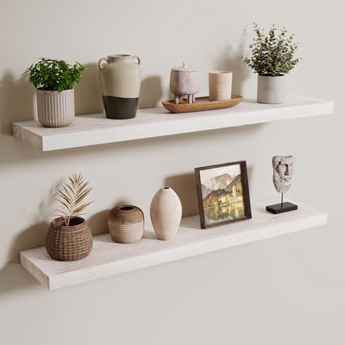 Image of Floating Shelves for Wall, 36in Reclaimed Elm Wood Shelves, White, 2PCs | 8in Deep Rustic Solid Elm Wood Wall Shelves for Storage, Wall Mounted, Invisible Metal Bracket
