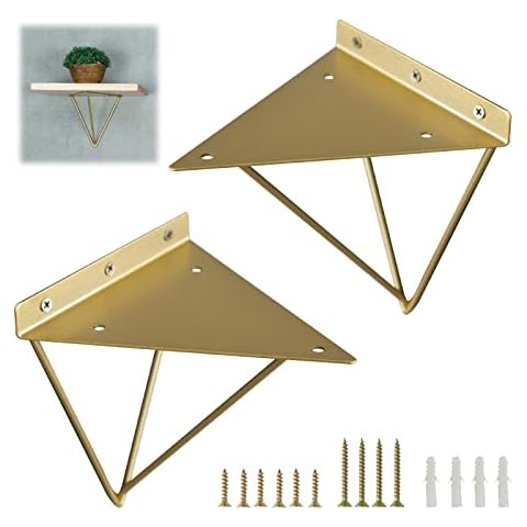 Pxzybd 2 Pcs Shelf Brackets, Wall-mounted Floating Shelf Supports, Hairpin Heavy Duty Metal Shelving Brackets, Brackets for Shelves Decorative, Gold, With Mounting Screws,Gold-10cm(3.9in) Cover