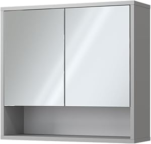 Vicco Bathroom Mirror Cabinet Grey 70 X 65 Cm With 2 Doors, Eliza