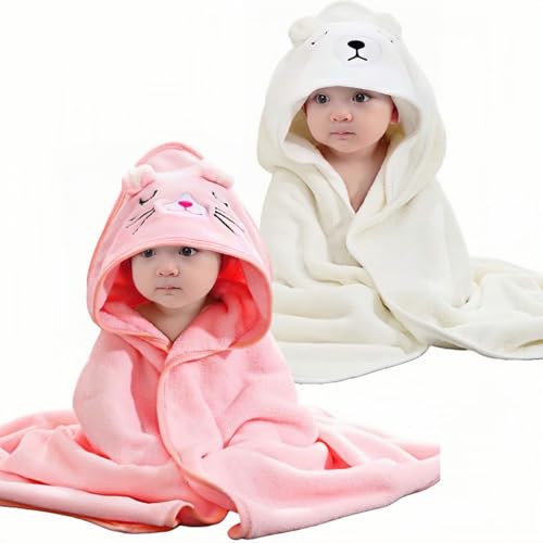 Image of 2 Pcs Baby Hooded Towels,31 x 31 in Baby Washcloths, Infant Super Soft Baby Bath Towels with Hood for Toddlers1-3,Highly Absorbent Viscose Hooded Towel for Boys, Girls, Newborn Essentials