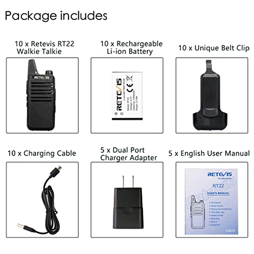 Retevis Rt22 Walkie Talkies Rechargeable,Long Range Two Way Radio,2 Way Radio For Adults, Handsfree Vox Mini, For Business Office School Church Restaurant Retail(Black,10 Pack) #TOP6