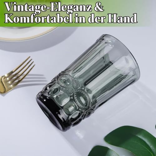 Joeyan Vintage Grau Trinkgläser 4er-Set,330ml Bunt Wassergläser mit Relief – Ansicht 3
