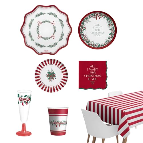 OH YEAH - Vajilla Desechable Navidad 12 Personas All I Want For Christmas - 72 piezas - Platos, Vasos, Servilletas y Mantel - Decoración Mesa Navideña - Diseño Acebo y Lazos Rojos - Celebraciones
