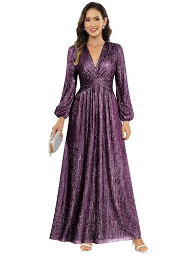 Image of Women's Formal Wedding Guest V Neck Glitter Sequins Mother of The Bride Dresses Long Sleeve