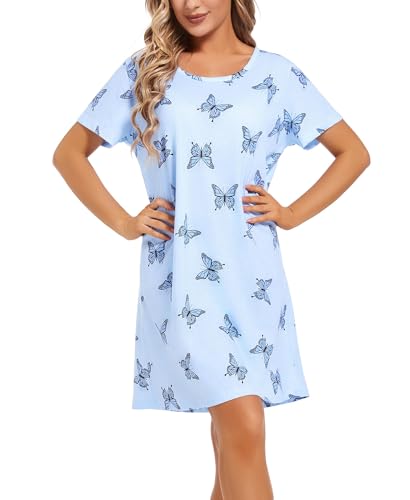 Image of ENJOYNIGHT Womens Cotton Nightgown Short Sleeve Sleepshirt Print Nightshirt | Short-Sleeve Crew Neck, Soft Cotton Fabric, Cartoon Printed Sleep Shirt, Loose Fit