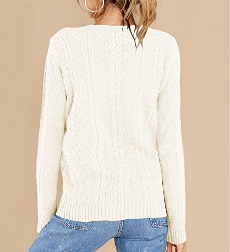 Women's Vintage Crewneck Cardigan Sweaters Long Sleeve Cable Knit Cardigan Button Down Sweater White #TOP1