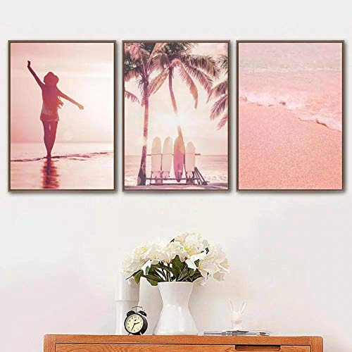 Bild Leinwand Leinwand Malerei Seestück Poster Surfen Sonnenuntergang Rosa Strand Wandkunst Bild Urlaub Druck Und Poster Für Wohnzimmer Wohnkultur 50x70cmx3 Ungerahmt Cover