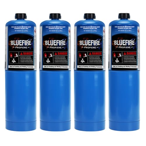 Pack of 4 BLUEFIRE Standard Propane Gas Cylinder/Canister,Propane Cylinder Propane Tank Small Propane Tanks,for Soldering, Brazing,Cooking Grilling Gardening and Camping