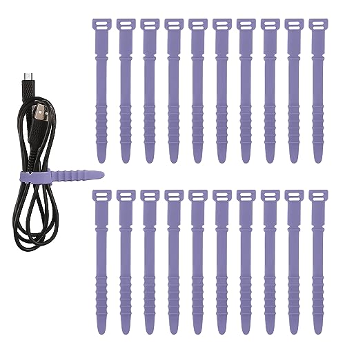 NQEUEPN 20pcs Reusable Purple Silicone Releasable Zip Ties, Cord Organizer Straps, Elastic Cord Management Cable Ties for Headphones, Charging Wire, Home Office Table Organization