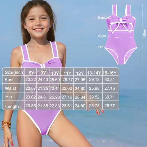 Image of Girls Swimsuits, One Piece Bow Front Bathing Suit for Teens Wide Straps Kids Swimwear Size 8-16