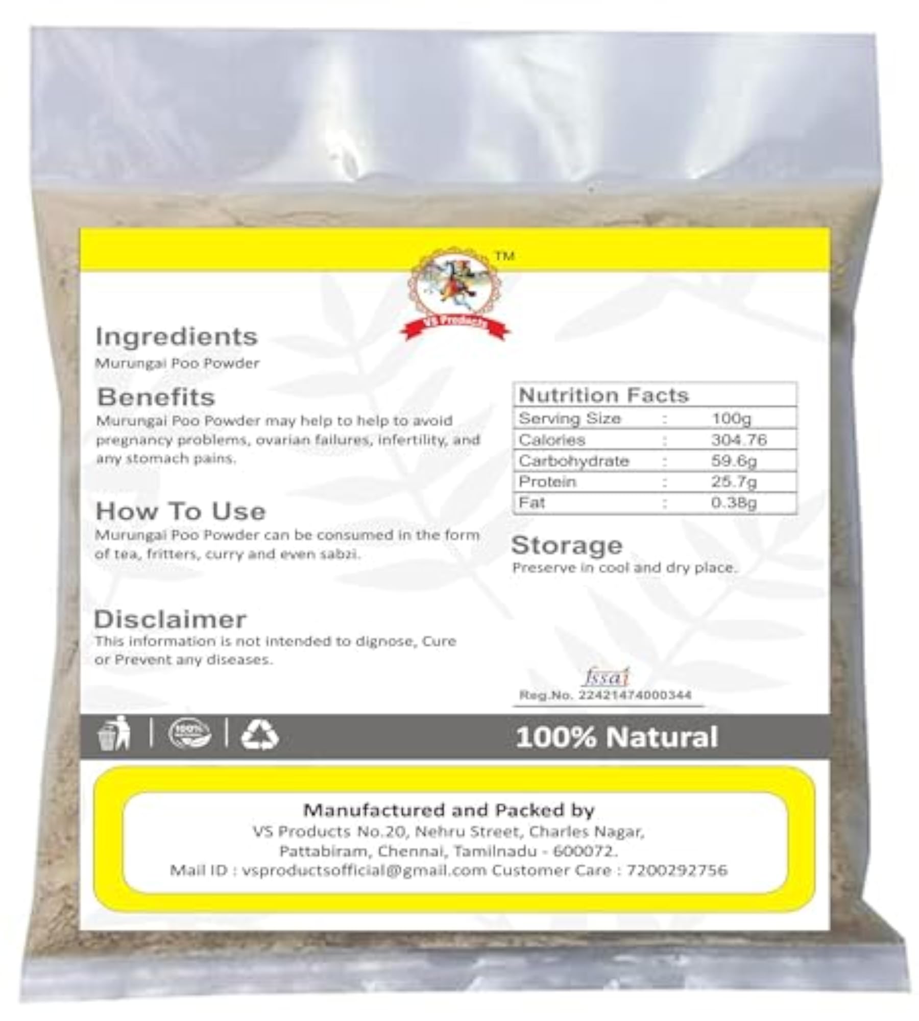VS Products Moringa Flower Powder, 150g