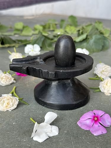 Image of Shivam VASTU AKAL 1.5 inch Original Narmadeshwar Narmada Shivling with 3 inch Narmada Stone Yoni Base Jaladhari (Black Shivling, Black Designer Damru Jaladhari)