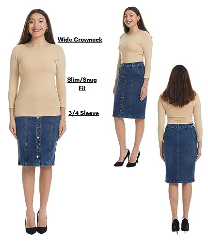 Image of ESTEEZ Women's 3 /4 Sleeve Wide Neck Layering T-Shirt - Modest Cotton Stretch Fitted Base Layer Top