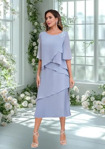 SIPUHK Tiered Chiffon Mother of The Bride Dresses for Wedding Tea Length Applique Half Sleeve Formal Evening Gowns for Women3