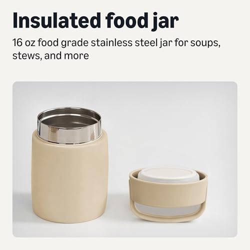 Image of Amazon Basics Insulated Food Jar, Hot and Cold Food Container, Stainless Steel, Leak-proof with Carry Handle, 16 Ounces, Linen Gray