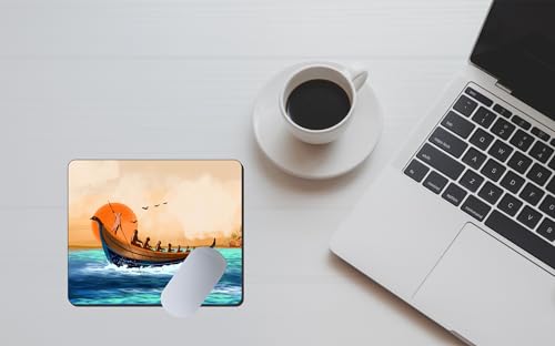 Image of Vintage Boat Sunrise Ocean Art Mouse Pad - Non-Slip Rubber Base Desk Mat for Home & Office - Smooth Surface Gaming & Work Mouse Pad (Multicolor Scenic Print)