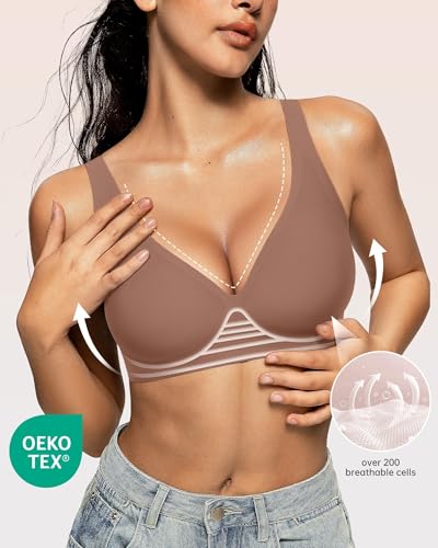 OEAK Womens Deep V Bras Wireless Comfortable Bra Supportive No Underwire Bras Tshirt Push Up Bralettes Plunge Seamless Bra Coffee M