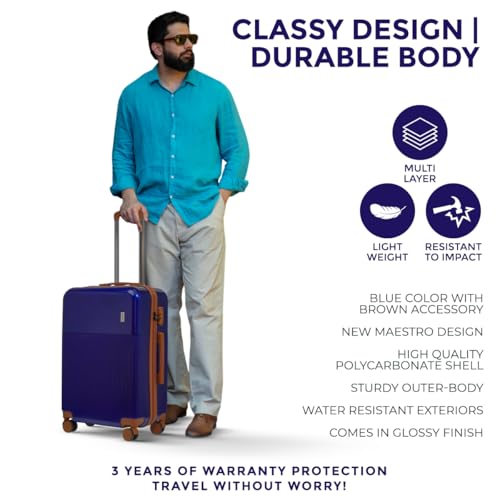 Image of Mode Maestro | Hard-Sided Polycarbonate Trolley Suitcase | 360 8-Wheel Easy Drag | Brown Color Accessories | Light-Weight | TSA Lock | 3-Yr Warranty | Check-in Luggage Bag 28in (Blue, 75cm (L))