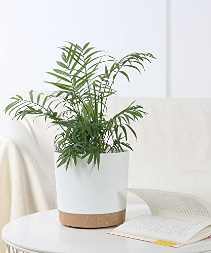 Kubvici 8'' Plastic Flower Planter Pots Set Of 2 Indoor Outdoor Planters With Drainage Saucer For Garden Home (Green & White, 8 Inch) #TOP6