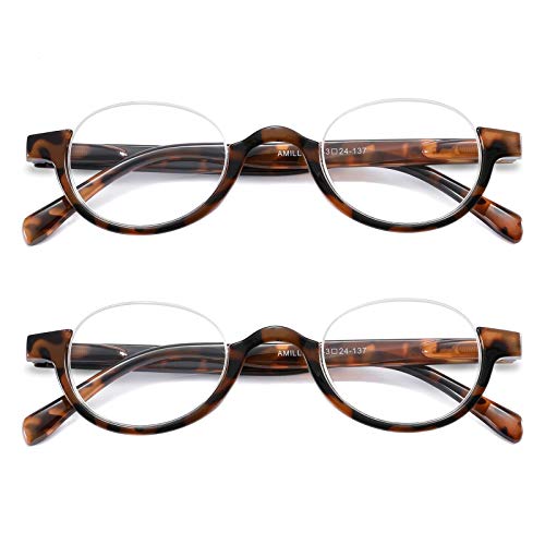 AMILLET 2-Pack Half Moon Frame Reading Glasses for Women/Men,Lightweight Half Plastic Frame Round Spring Hinge Readers(Tortoise 1.5)
