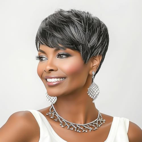 BOBCOO Pixie Cut Wig Short Wigs for Black Women Pixie Black Mixed With Grey Short cut Wigs Pixie Cut Wig for Black Women (Black Mixed With Grey)