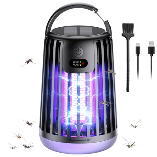 Solar Insektenvernichter Elektrisch 2000V Mückenlampe Camping mit UV-Licht USB Wiederaufladbar Mückenfalle Mückenschutz Elektrische Insektenfalle für Garten Camping Aussen Schwar