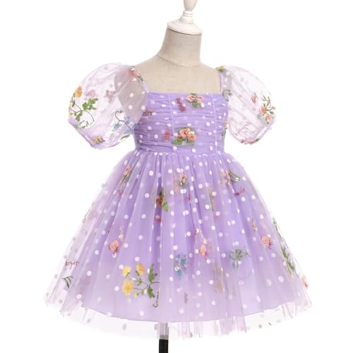 IBTOM CASTLE Toddlers Girls Floral Embroidery Birthday Dress Short Puff Sleeve Dress Polka Dot Princess Party Dress2