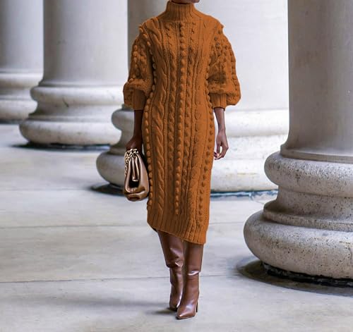 Women Puff Long Sleeve Turtleneck Maxi Sweater Dress Casual Popcorn Cable Knit Side Slit Pullover Dresses3