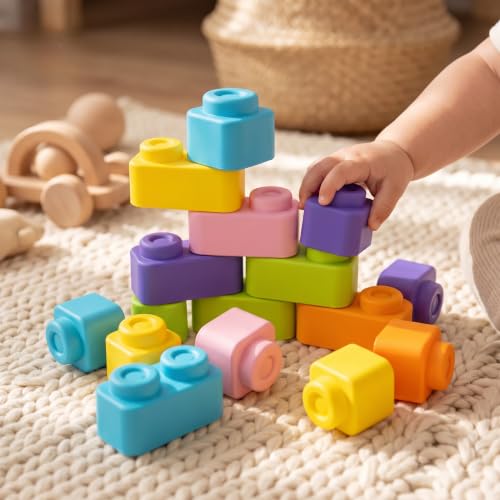 Image of Soft Squishy Building Blocks for Babies and Toddlers, 21 Pcs Non-Toxic Stacking Blocks Set, Teething Safe Sensory Toy for Infants 5 Months+