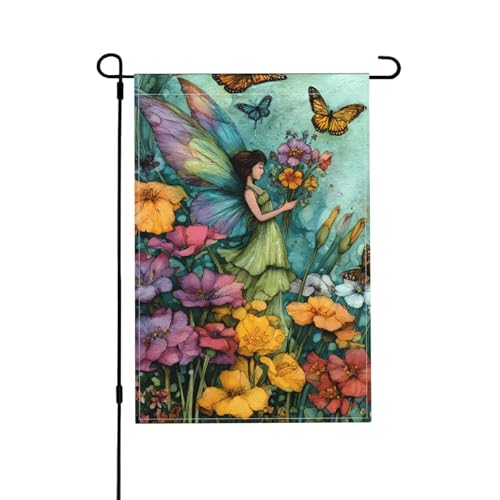 Beautiful Fairy Garden Flag 12x18 Inch Double Sided Outdoor Flag Decorations Burlap Yard Flag For Holiday Outside Home