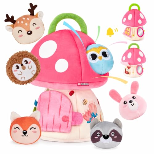 Image of Storio Mushroom House Plush Toy Set with 6 Stuffed Animals, Sensory Soft Toys for Babies & Toddlers, Fill and Dump Activity Toy, Travel Carry Case, Learning Toy for Kids 6 Months+