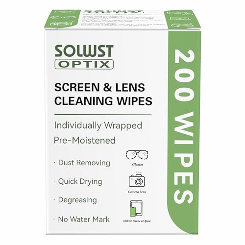 SOLWST Optix Lens Cleaning Wipes - 200 Pre-Moistened, Individually Wrapped Wipes for Eyeglasses, Camera Lenses, Tablets, Phones, Computer Screens, and Other Surfaces