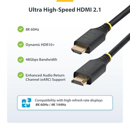 StarTech.com 10ft (3m) Certified Ultra High Speed HDMI Cable, 8K 60Hz/4K 120Hz, HDMI 2.1 Cord with HDR10+ / eARC, 48Gbps