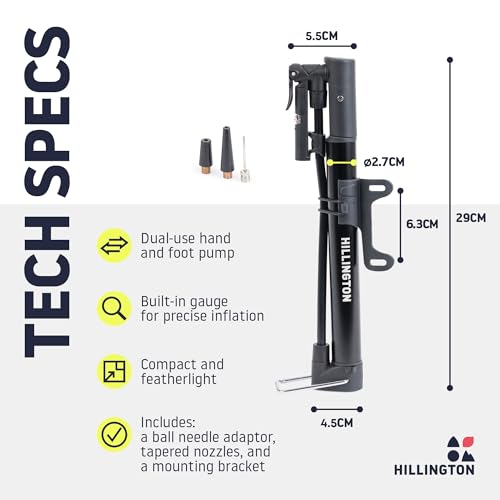 Hillington Hybrid Bicycle Pump - Dual Hand and Foot Air Portable Cycle Pump with Pressure Gauge for MTB, Road Bikes, Balls, Inflatables - Mini Bike Pump for all Bikes - Bracket & Accessories Included - Image 9
