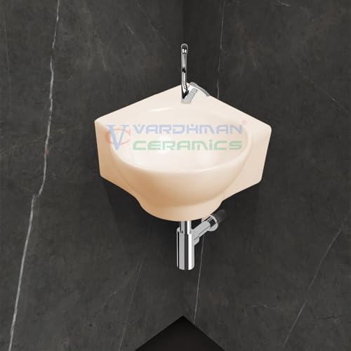 Image of Small Wash Basin Corner Wall Hung Mounted Glossy Finish Ivory Color Sink for Bathroom Washroom Toilet Living Room Dining Kitchen (13 x 13 x 5 Inch - Ivory)