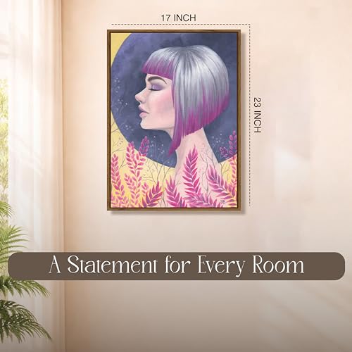Image of Surreal Botanical Woman Portrait Framed Canvas Painting For Living Room | Modern Abstract Moon Girl Wall Art For Livingroom Wall Decor, Home Decor, Bedroom, Hallway's, Office, Hotel - 43x58 cm